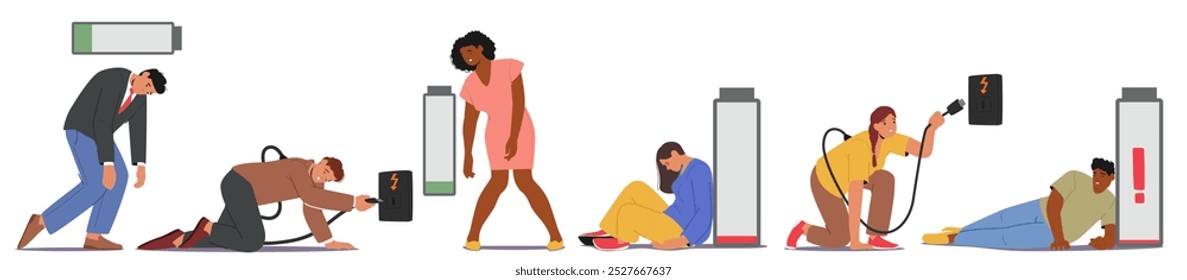 Creative Image Showing Human Characters With Varying Energy Levels Depicted As Battery Icons Expressing Fatigue And Recharging Concepts Through Visual Metaphor. Cartoon People Vector Illustration