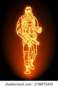 Kreatives Bild eines Soldaten mithilfe von Neonschaltungen in einer Gasmaske und mit Gasgranaten.
