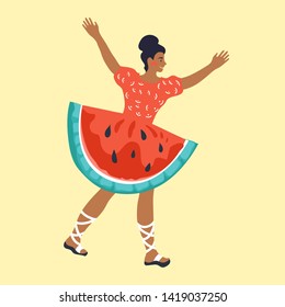 Creative image of the woman in the dress looks like a slice of watermelon the vector illustration on isolated on background. Design element for summer national watermelon day cards and banners.