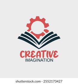 Logotipo de imaginación creativa: engranaje sobre un libro abierto que simboliza el aprendizaje innovador