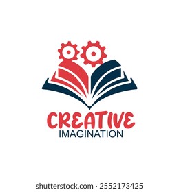 Logotipo de la imaginación creativa: Libro abierto con engranajes entrelazados