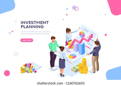 Creative income planning for sales. Teamwork, account company, increase corporate result. Growth concept with characters and text for services. Flat isometric infographic images vector illustration.
