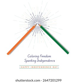 Gráfico do Dia da Independência Criativa com lápis laranja e verde com uma faísca azul, simbolizando as cores da bandeira indiana e Ashoka Chakra. Ideal para a promoção educacional, cultural e social.