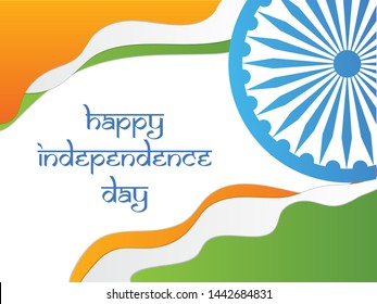 Creative Independence Day poster design with Ashoka wheel on paper cut indian tricolor wavy background.