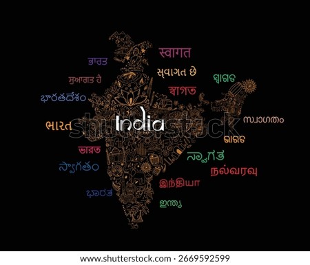 Creative India Map Illustration with Cultural Doodles and Multilingual Greetings