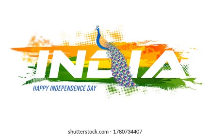 Creative India Text With Peacock, Saffron And Green Brush Stroke Halftone Effect On White Background For Happy Independence Day.