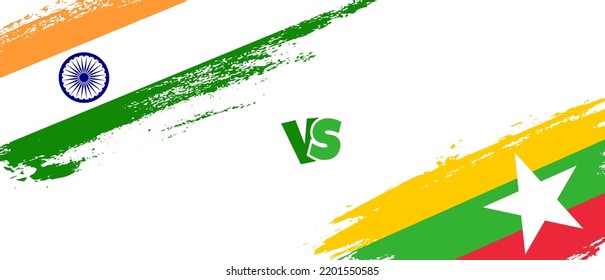 Creative India vs Myanmar brush flag illustration. Artistic brush style two country flags relationship background