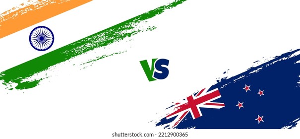 Creative India vs New Zealand brush flag illustration. Artistic brush style two country flags relationship background