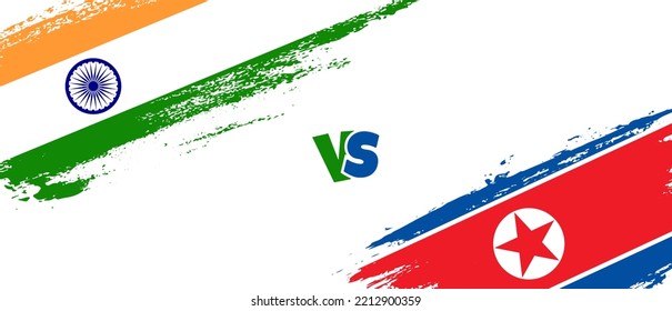 Creative India vs North Korea brush flag illustration. Artistic brush style two country flags relationship background