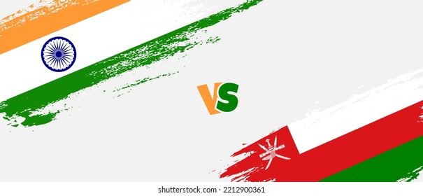 Creative India vs Oman brush flag illustration. Artistic brush style two country flags relationship background