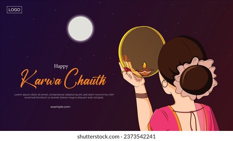 Creative Indian festival happy karwa chauth banner design template. Hindi text 'karava chauth kee haardik shubhakaamanaen' means 'Happy Karva Chauth'.
