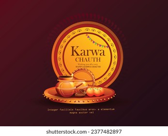 Creative Indian festival happy karwa chauth banner design template. Hindi text 'karava chauth kee haardik shubhakaamanaen' means 'Happy Karva Chauth'.