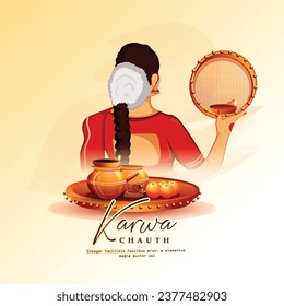 Creative Indian festival happy karwa chauth banner design template. Hindi text 'karava chauth kee haardik shubhakaamanaen' means 'Happy Karva Chauth'.