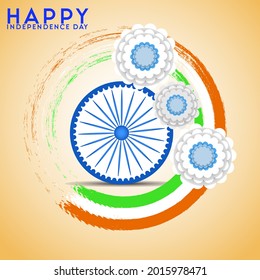Creative Indian Independence Day background with Ashoka Wheel on national flag tricolors background.