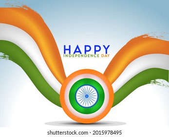Creative Indian Independence Day background with Ashoka Wheel on national flag tricolors background.