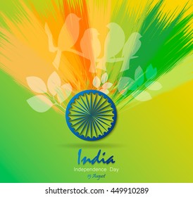 Creative Indian Independence Day background with Ashoka Wheel on national flag tricolors background.