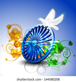 Creative Indian Independence Day concept with 3D ashoka wheel, pigeon on colorful abstract background..