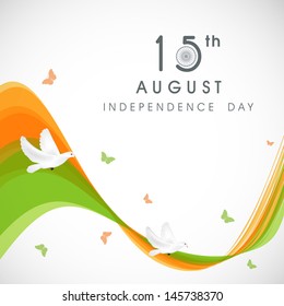 Creative Indian Independence Day concept with tricolors wave and flying pigeons and butterflies.