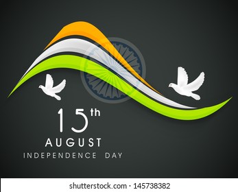 Creative Indian Independence Day concept with tricolors wave, ashoka wheel and flying pigeons.