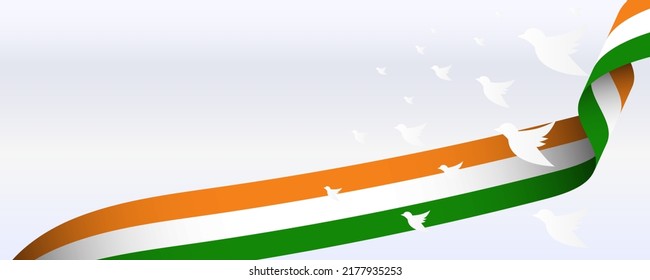 Creative Indian Independence Day concept with tricolors wave and flying pigeons. Abstract India flag with flying pigeon vector