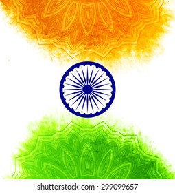 Creative Indian Independence Day concept with ashoka wheel and decorative floral pattern in national flag tricolors.