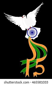 Creative Indian Independence Day concept with bicolors ribbon and flying pigeon with Ashoka wheel. eps10