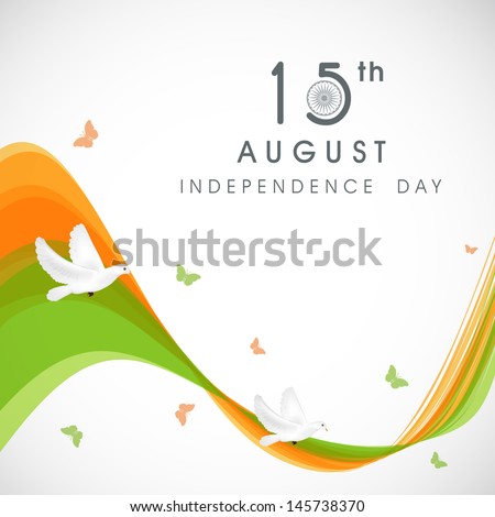 Creative Indian Independence Day concept with tricolors wave and flying pigeons and butterflies.