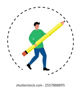 Creative individual carries a large yellow pencil while walking in a circular setting