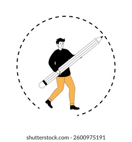 Creative individual carrying oversized pencil while walking in a circular path