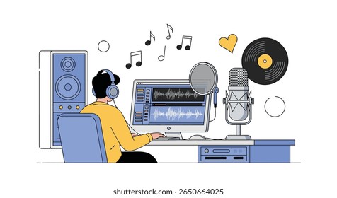 Criativa individual produzindo música em um estúdio em casa com equipamento profissional para produção de áudio e gravação de músicas