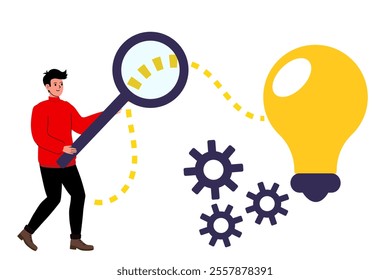 Creative individual using a magnifying glass to explore innovative ideas with gears and light bulb