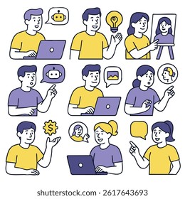 Creative individuals engage various activities, showcasing ideas, technology, and communication through illustrations. vibrant colors and diverse expressions highlight collaboration and innovation