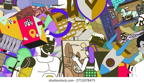 Concepto de ilustración 2D de collage de la industria creativa. Surrealismo Pop. Inspiración artística. Arte vectorial abstracto conceptual de dibujos animados de composición de medios mixtos. Metáfora plana sobre fondo de color