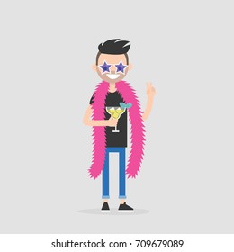 Creative industry. Show business. Party concept. Young cheerful character wearing bright accessories and drinking a cocktail. Flat editable vector illustration, clip art