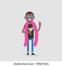 Creative industry. Show business. Party concept. Young cheerful character wearing bright accessories and drinking a cocktail. Flat editable vector illustration, clip art