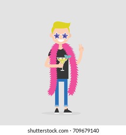 Creative industry. Show business. Party concept. Young cheerful character wearing bright accessories and drinking a cocktail. Flat editable vector illustration, clip art