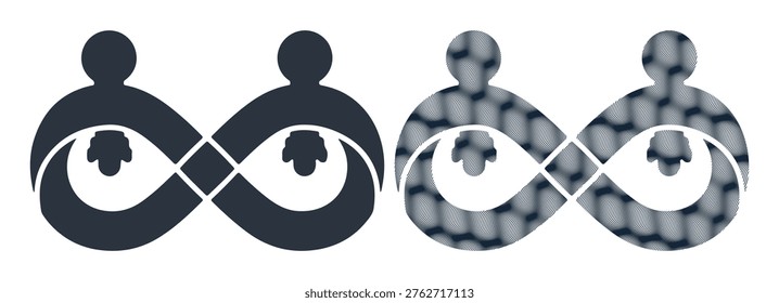 Creative infinity loop with people silhouettes, eternal bond concept, moire texture art.