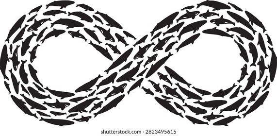 A creative infinity sign composed of a large group of swimming whales and orcas, representing the endless cycle of nature and marine life.