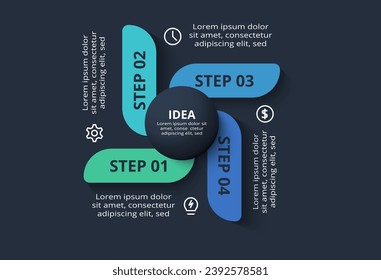 Creative infographic with 4 elements, presentations, vector illustration. Template for web on a black background.