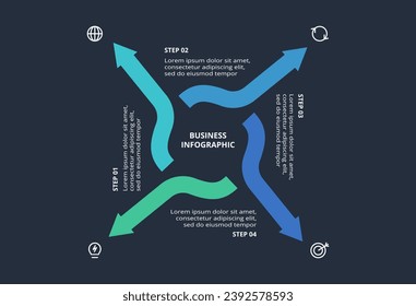 Creative infographic with 4 elements, presentations, vector illustration. Template for web on a black background.