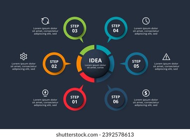 Creative infographic with 6 elements, presentations, vector illustration. Template for web on a black background.