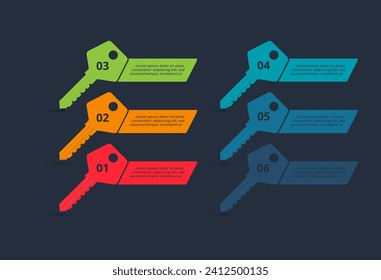 Creative infographic with 6 elements, presentations, vector illustration. Template for web on a black background.