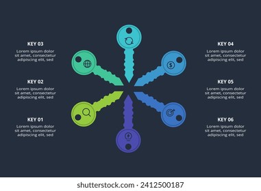 Creative infographic with 6 elements, presentations, vector illustration. Template for web on a black background.