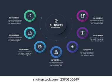 Infografía creativa con 7 elementos, presentaciones, ilustración vectorial. Plantilla para web sobre fondo negro.