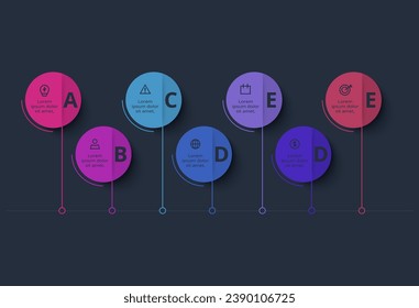 Creative infographic with 7 elements, presentations, vector illustration. Template for web on a black background.