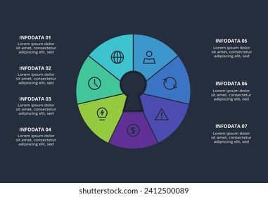 Creative infographic with 7 elements, presentations, vector illustration. Template for web on a black background.