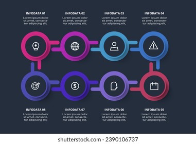 Creative infographic with 8 elements, presentations, vector illustration. Template for web on a black background.