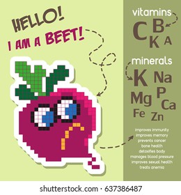 Creative infographic about vitamins and minerals in beet. Health benefits of beet. Cartoon style. Vector illustration
