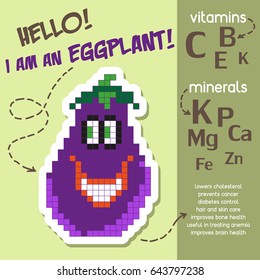 Creative infographic about vitamins and minerals in eggplant. Health benefits of eggplant. Cartoon style. Vector illustration