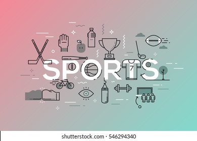 Creative infographic banner with elements in thin line style. Sports competition, fitness apparel and equipment, healthy lifestyle concept. Vector illustration for advertisement, header, website.